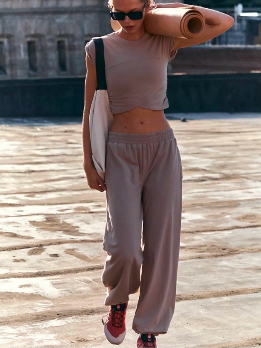 Free People Sz L Hot Shot Crossover Set Pumice Taupe Tan NWT Crop Top Cotton